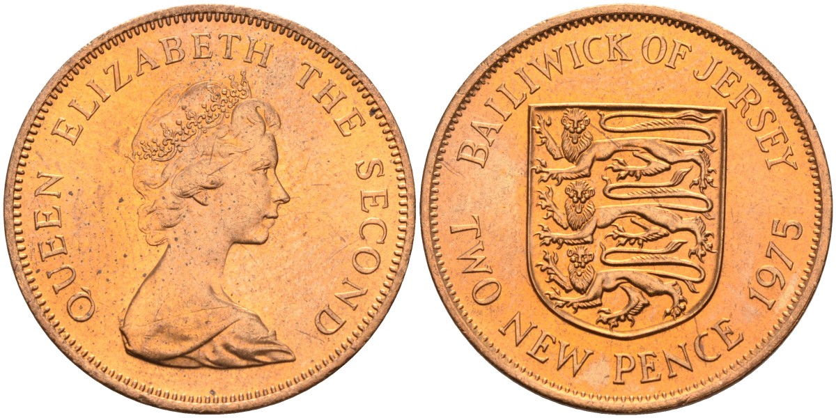 Джерси 2 пенса 1975 герб, Елизавета II (1952-2022) KM 31 бронза UNC 4367-424
