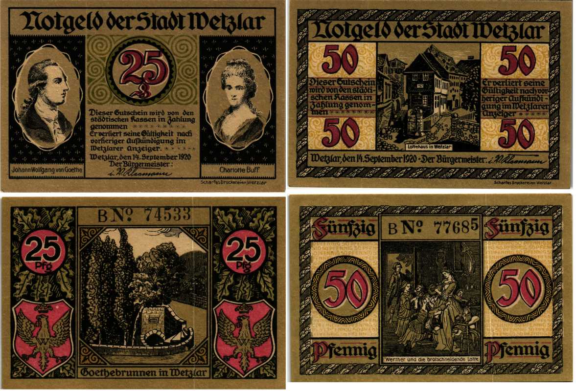 ВЕЦЛАР НАБОР ИЗ 2 БАНКНОТ (25 И 50 ПФЕННИГОВ) 1920 12 СЕНТЯБРЯ 1920 - 14 СЕНТЯБРЯ 1920, НОТГЕЛЬД, ЗЕМЛЯ ГЕССЕН Keller 1422.1 бумага 6318-24-3-2