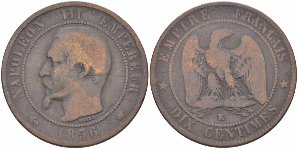 Франция 10 сантимов 1856 K, Наполеон III (1852-1870) KM 771.5, Le Franc 133.36 бронза    4680-546