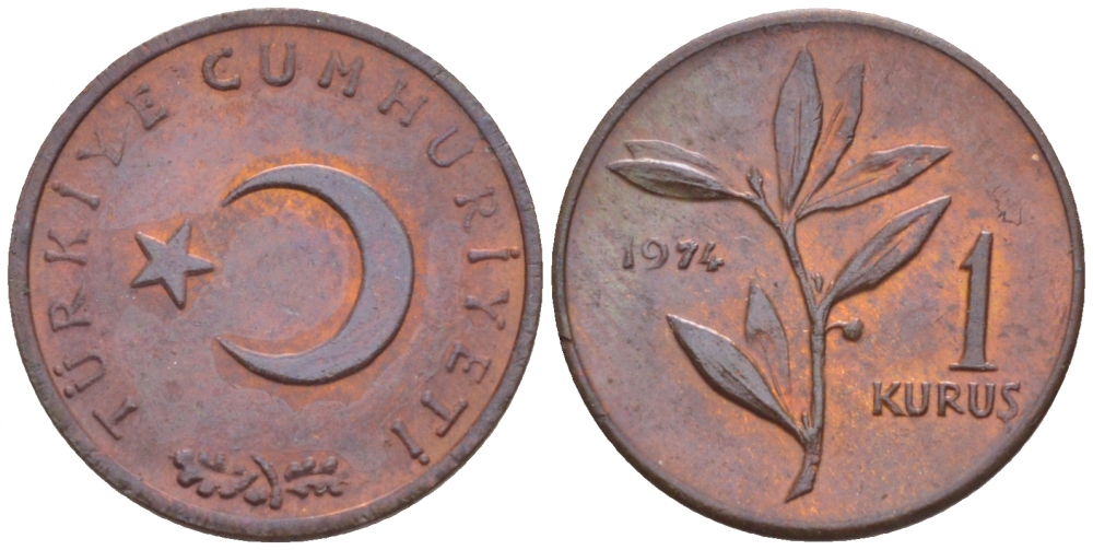 ТУРЦИЯ 1 КУРУШ 1974 KM 895а бронза 4516-1249
