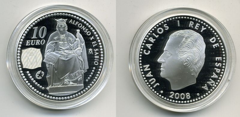 Испания 10 евро 2008 Альфонсо X Кастильский, мудрый, король Испании, астролог и астроном KM 1203 серебро PROOF Ш4
