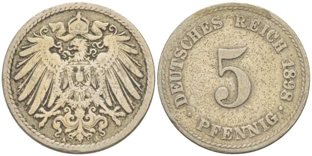 ГЕРМАНИЯ 5 ПФЕННИГОВ 1898 A KM 11, J. 12, Weege 6 медно-никель 206-917