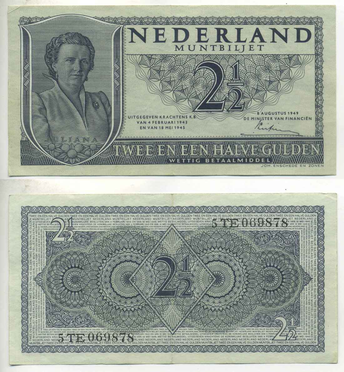 НИДЕРЛАНДЫ 2 1/2 ГУЛЬДЕНА 1949 8 АВГУСТА 1949, КОРОЛЕВА ЮЛИАНА Pick 73 бумага 6312-2-3-2