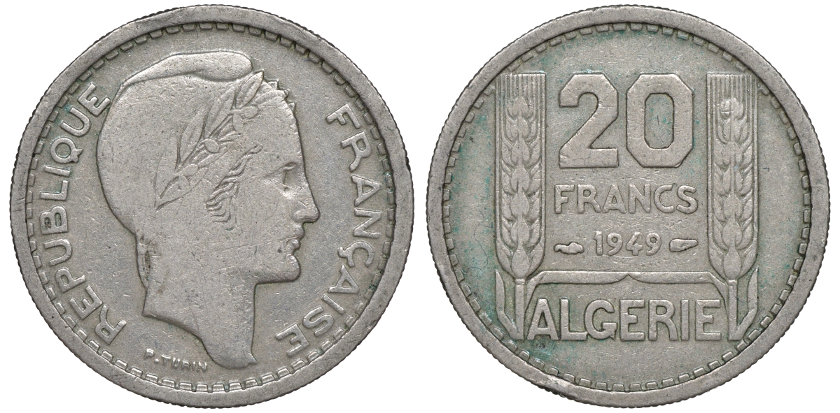 Алжир, Французский 20 франков 1949  KM 91 медно-никель 4606-417