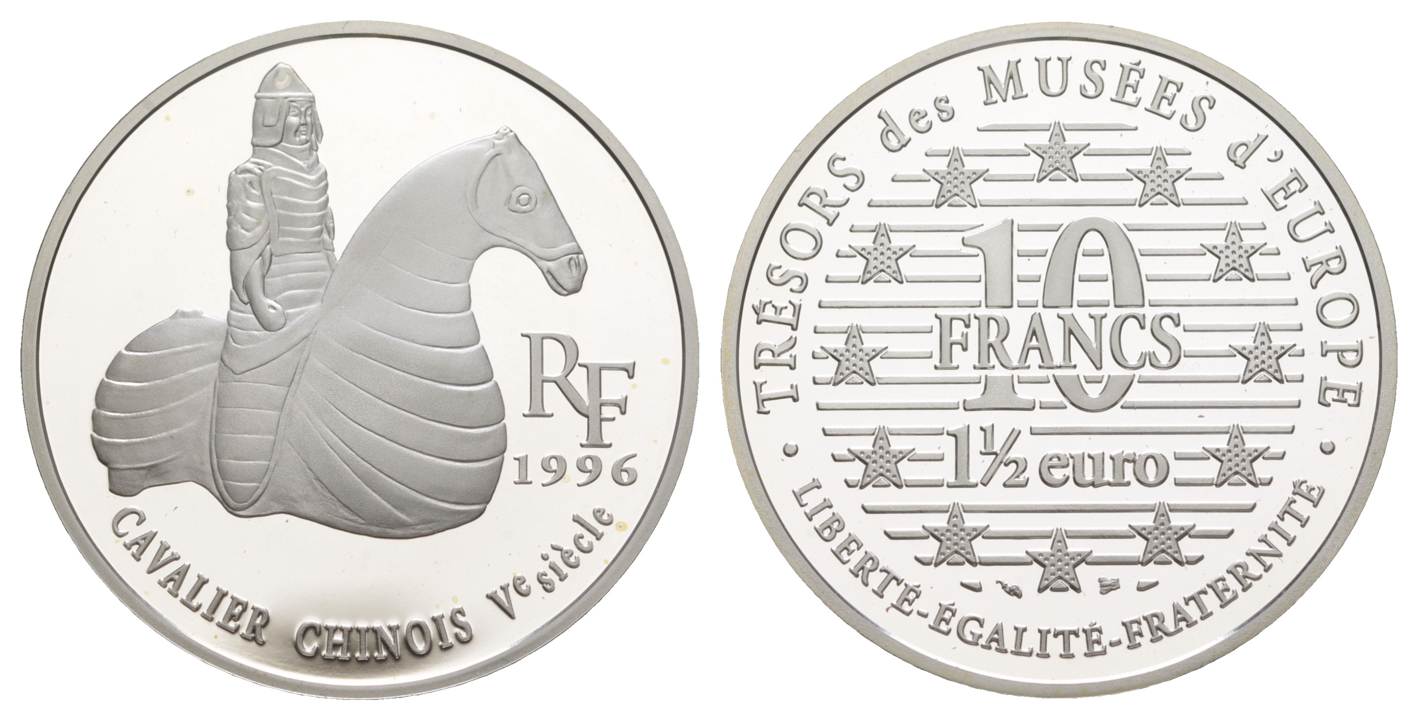 Франция 10 франков = 1 1/2 евро 1996 серия сокровища музеев Европы, китайский всадник, в оригинальной коробке KM 1158 серебро  PROOF  1-6-4-48