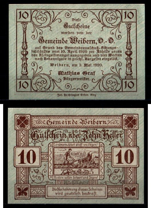 Австрия, Вайберн 10 геллеров 1920 Jaksc/Pick JPR1146b-10 бумага UNC (пресс) 2193-7-4-1
