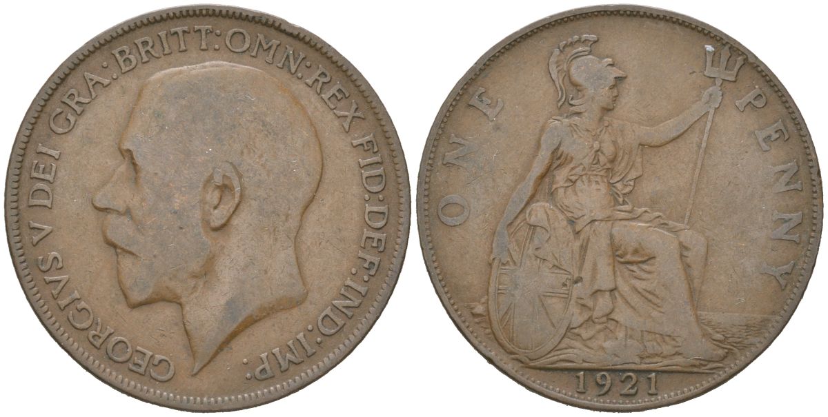 Великобритания 1 пенни 1921 Георг V (1910-1936) KM 810, Spink 4051 бронза 3855-336