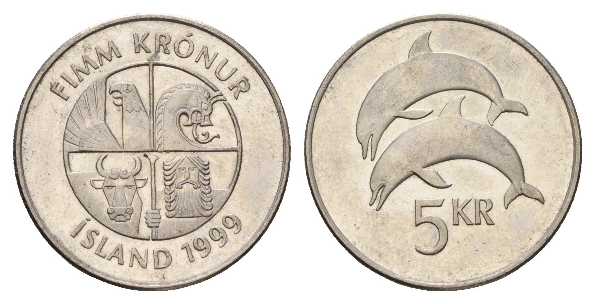 Исландия 5 крон 1999 дельфины KM 28a сталь плакированная никелем 4691-424