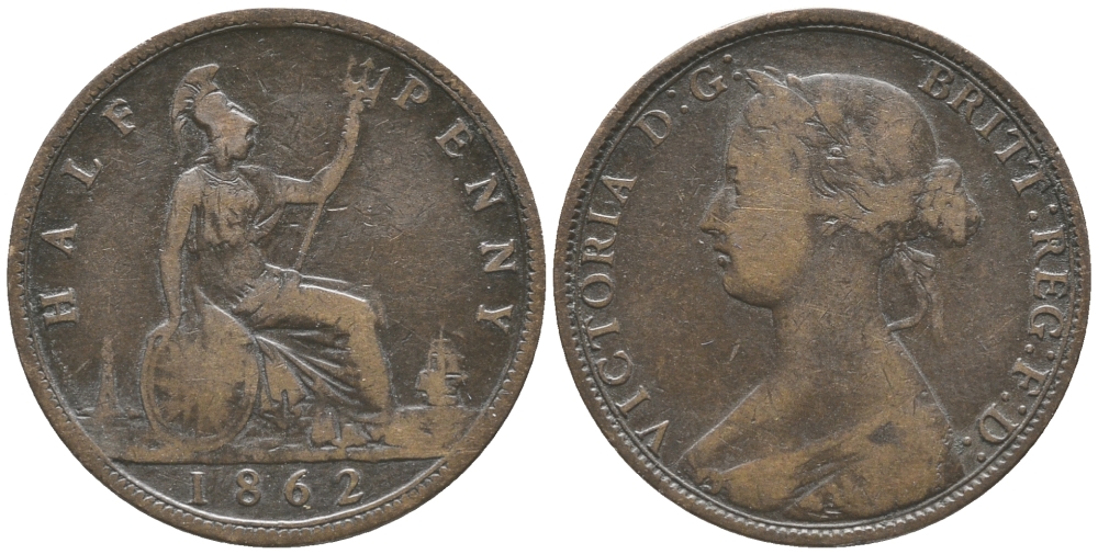 Великобритания 1/2 пенни 1862 Виктория (1837-1901) KM 748.2, Spink 3956 бронза 34-146