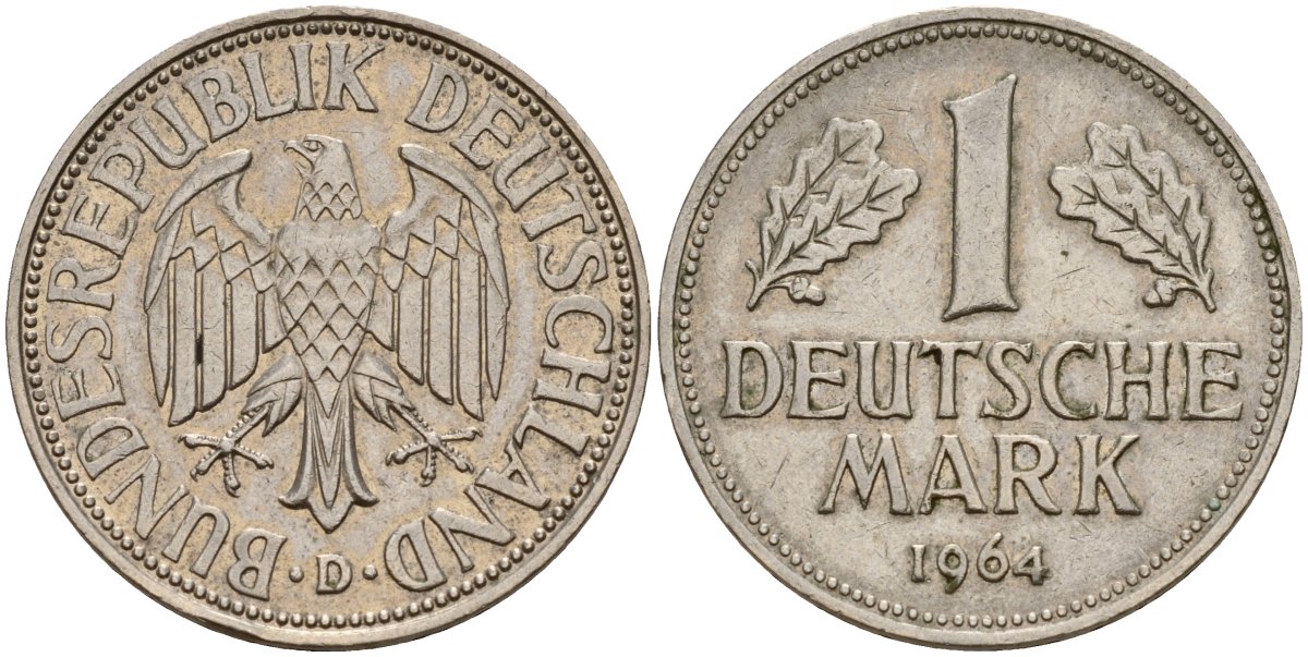 ФРГ 1 марка 1964 D KM 110, J. 385 медно-никель 4159-1052