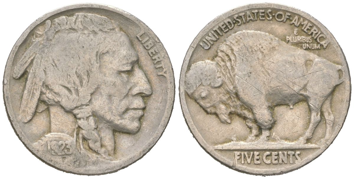 США 5 центов 1923 индеец, бизон KM 134 медно-никель 4614-1051