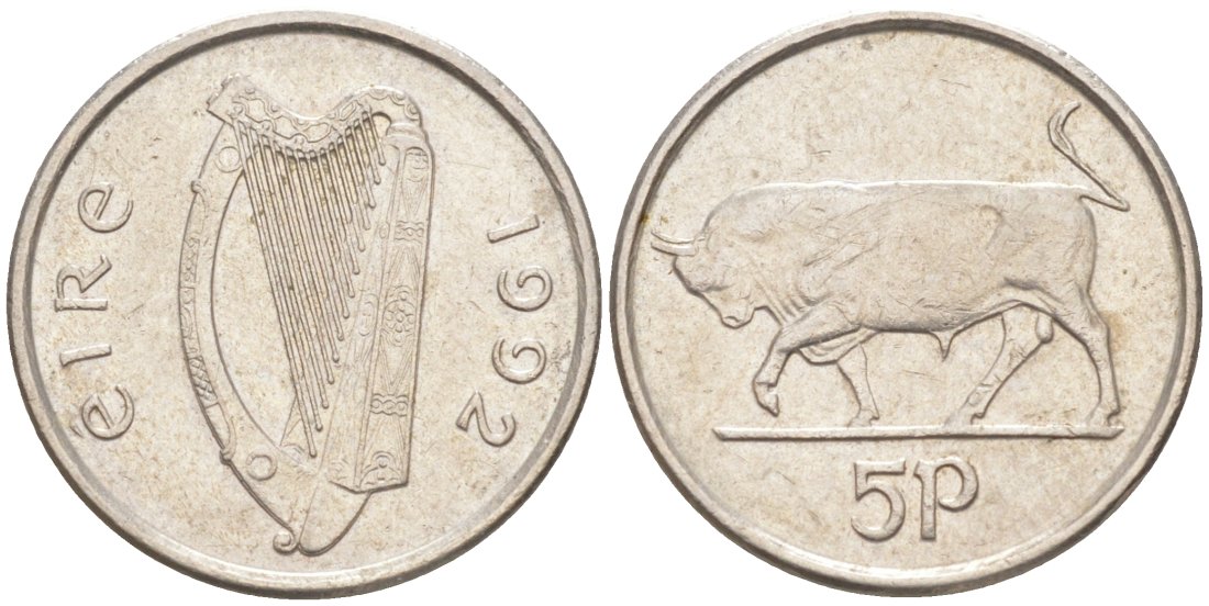 Ирландия 5 пенсов 1992 бык KM 28 медно-никель 188-121