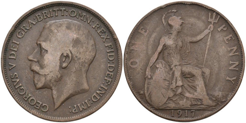 Великобритания 1 пенни 1917 Георг V (1910-1936) KM 810, Spink 4051 бронза 4572-1224