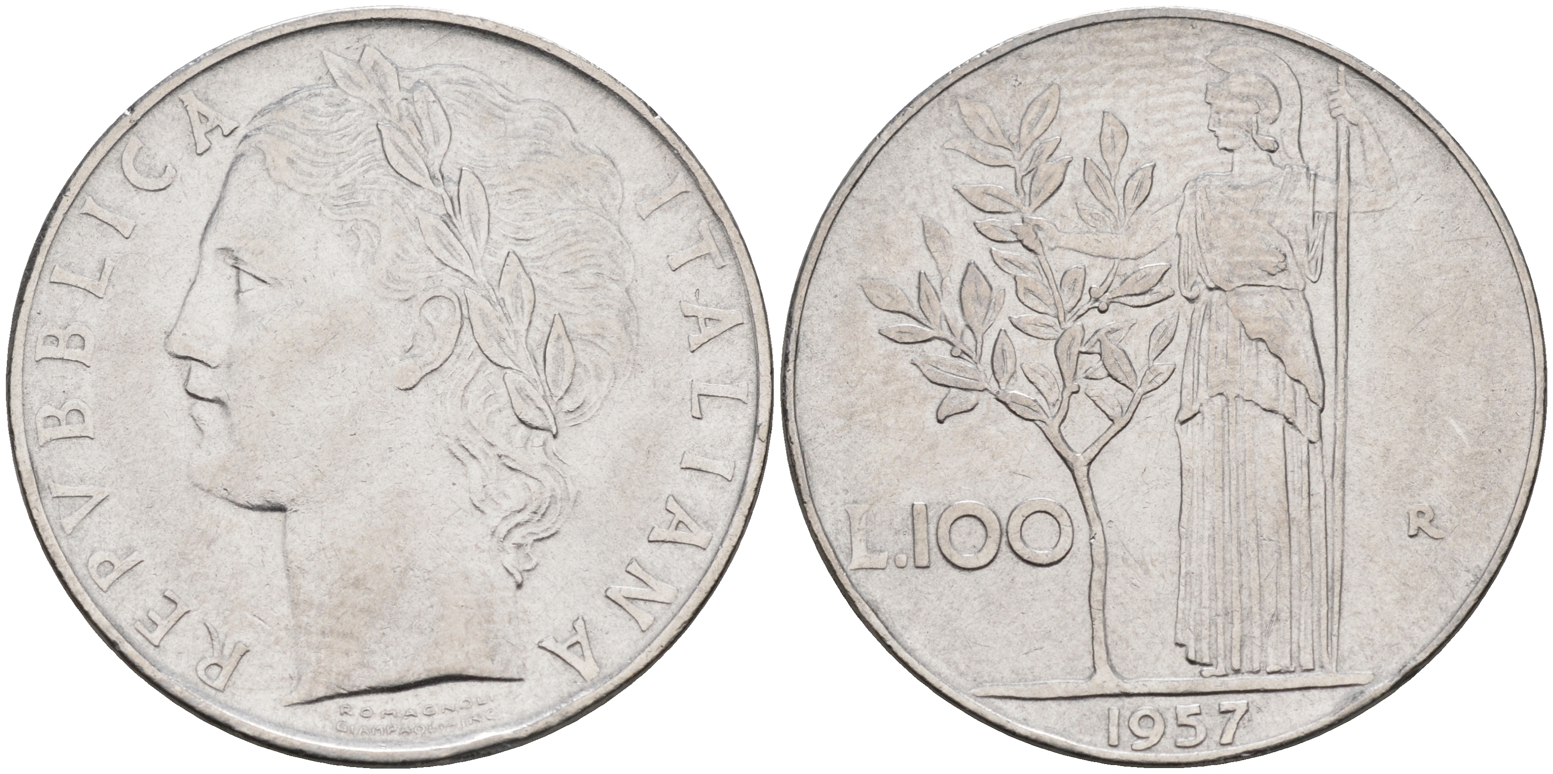 Италия 100 лир 1957 R, Афина KM 96.1 нержавеющая сталь 4117-322