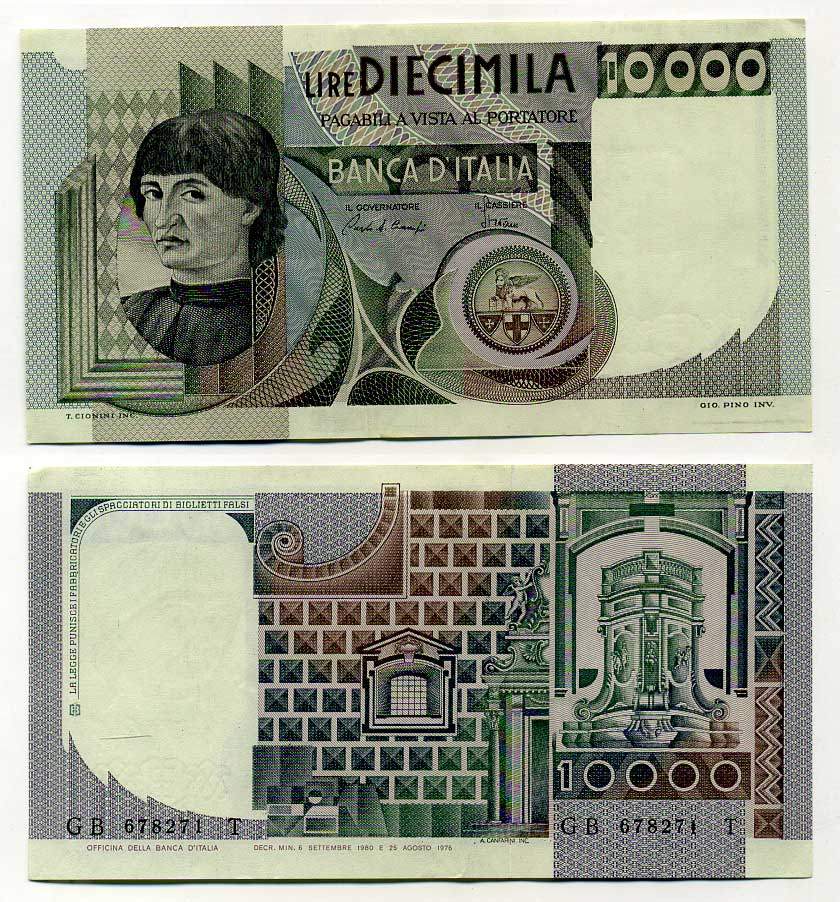 Италия 10000 лир 1982 Мужской портрет Андреа дель Кастаньо Pick 106b aUNC 6287-21-3