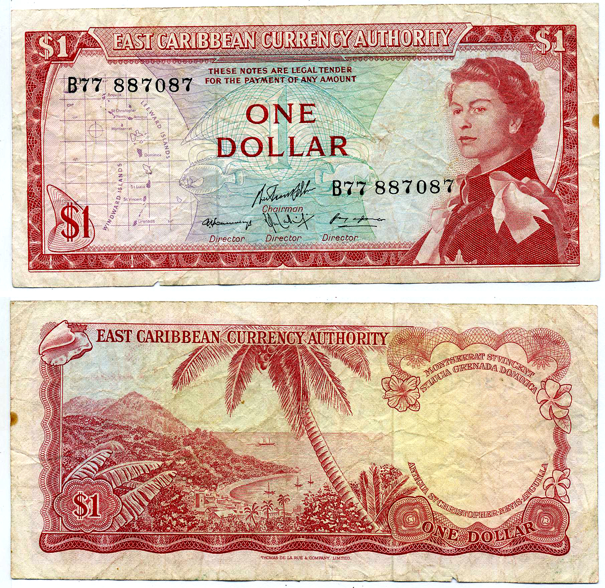 Восточно-Карибские штаты 1 доллар 1965 Британская администрация, подпись 10, серия В77 Pick 13f  бумага   2197-29-1-2