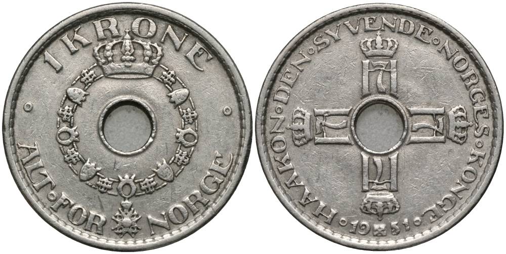 Норвегия 1 крона 1951 Хокон VII (1905-1957) KM 397.1 медно-никель 27-255
