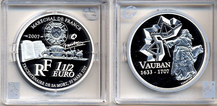 Франция 1 1/2 евро 2007 300 лет со дня смерти военного инженера Себастьена де Вобана KM 1462 серебро PROOF 5-3-1-52