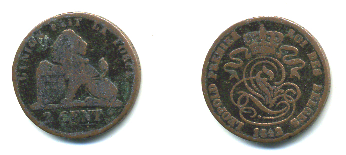 БЕЛЬГИЯ 2 ЦЕНТА 1842 BELGES KM 4.2 медь 51-1821