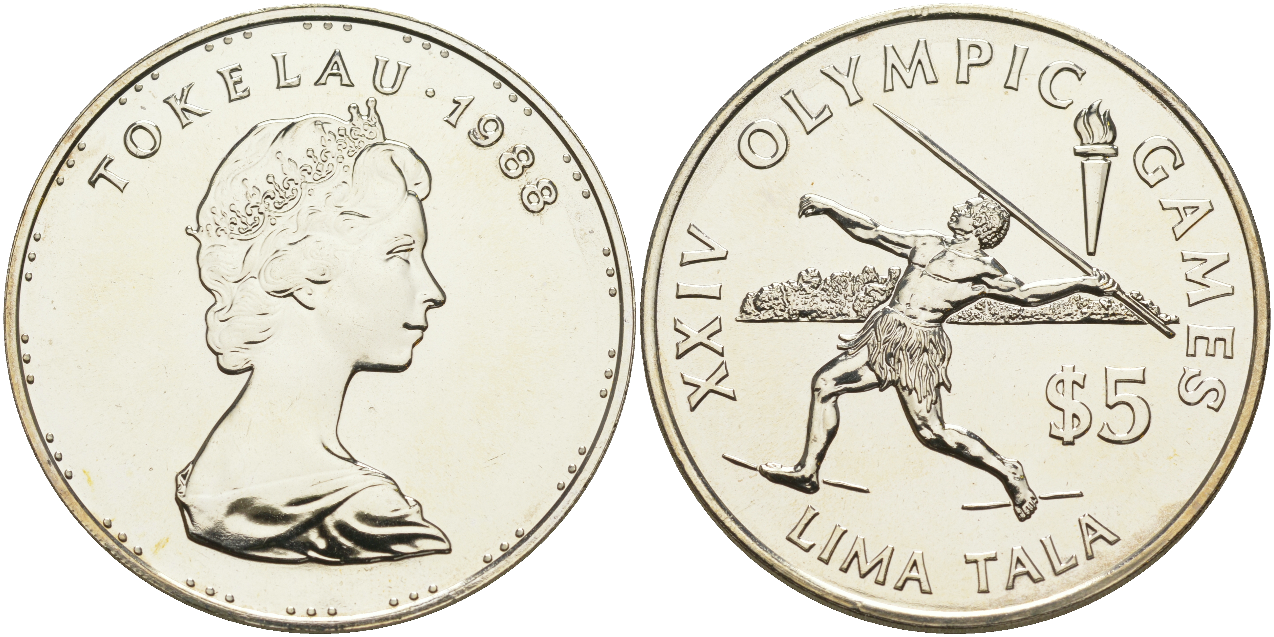 Токелау 5 тала 1988 XXXIVI Олимпийские игры 1988 года в Сеуле, копьеметатель KM 10 серебро UNC 02-115-44
