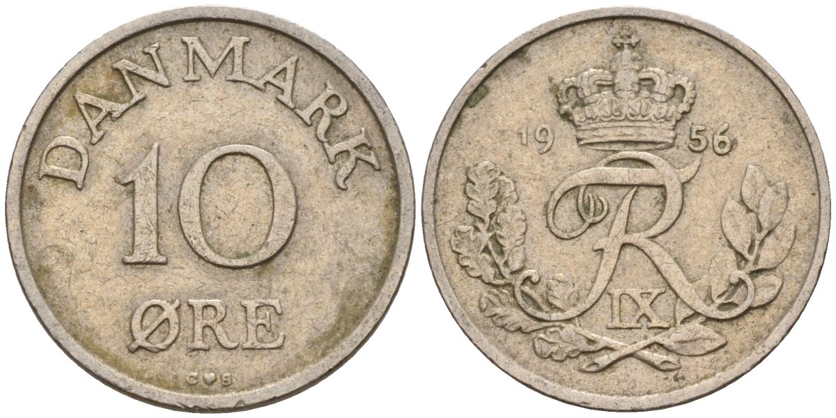 Дания 10 эре 1956 C; S, Фредерик IX (1947-1972) KM 841 медно-никель 4596-462