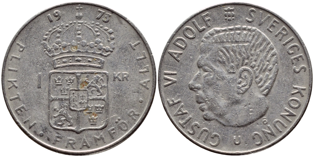Швеция 1 крона 1973 Густав VI Адольф (1950-1973) KM 826а медь плакированная медно-никелем 4395-257