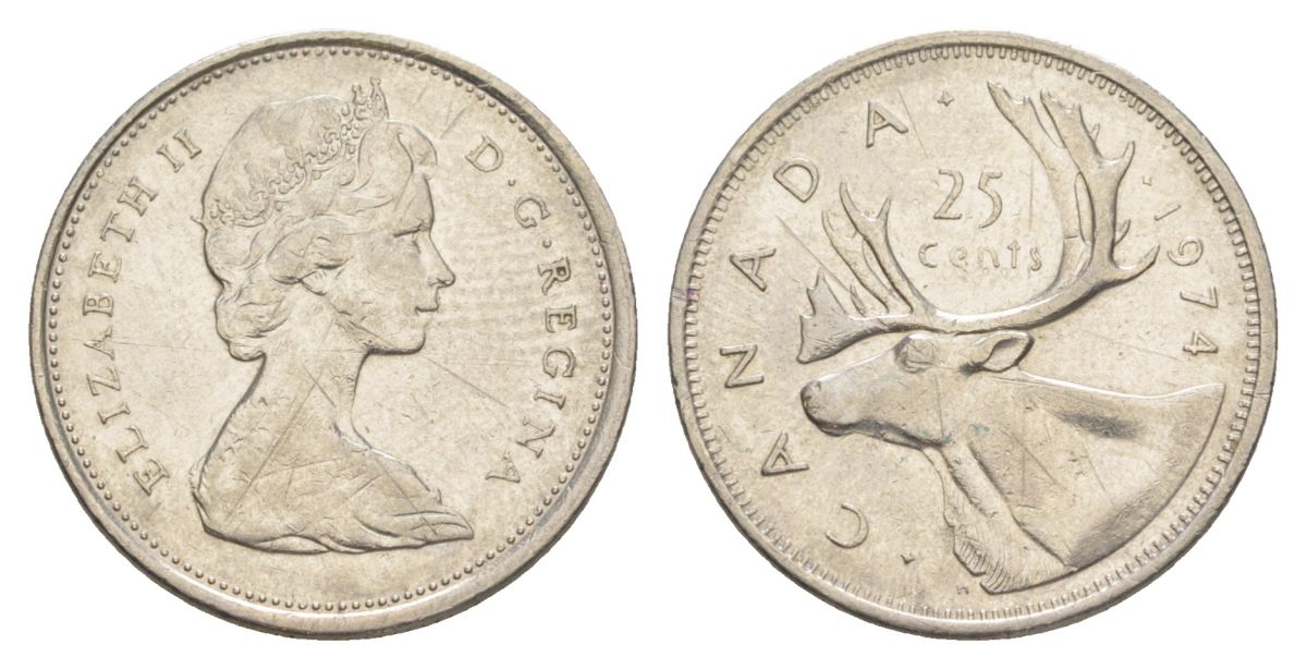 Канада 25 центов 1974 Елизавета II, олень KM 62b никель 4629-526