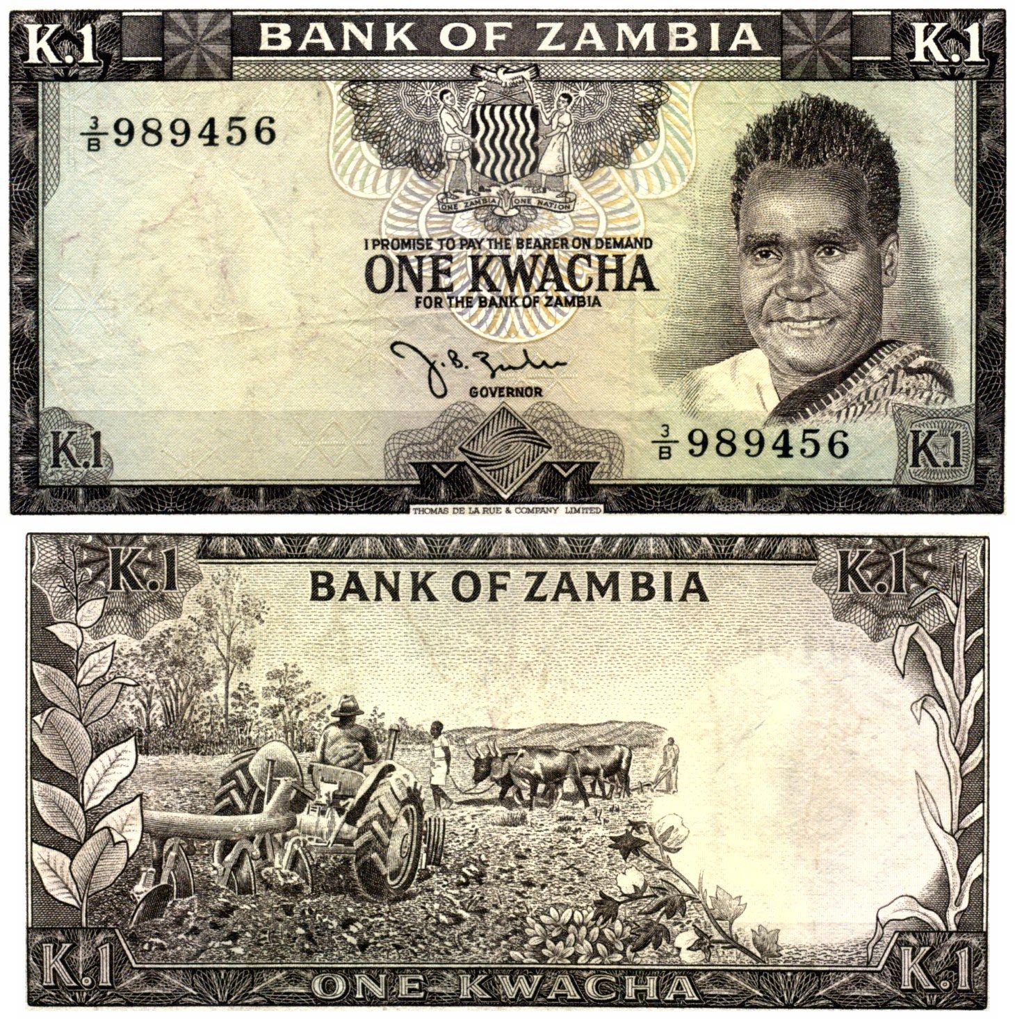 Замбия 1 квача ND (1968) Президент Кеннет Каунда Pick 5 a  бумага   7221-28-2-2