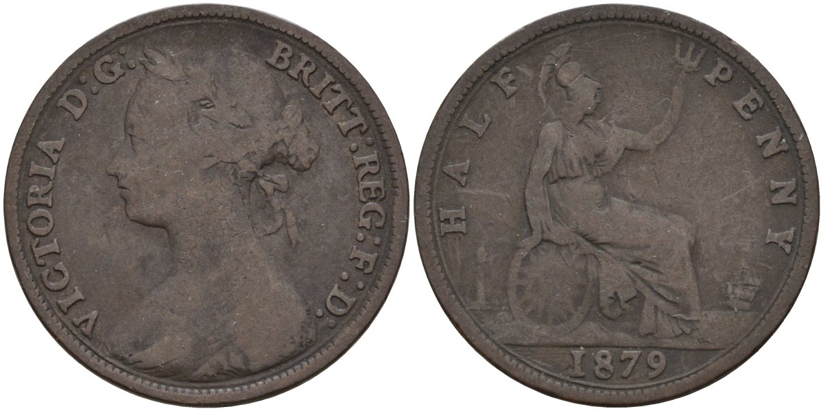 Великобритания 1/2 пенни 1879 Виктория (1837-1901) KM 754, Spink 3956 бронза 4143-1255