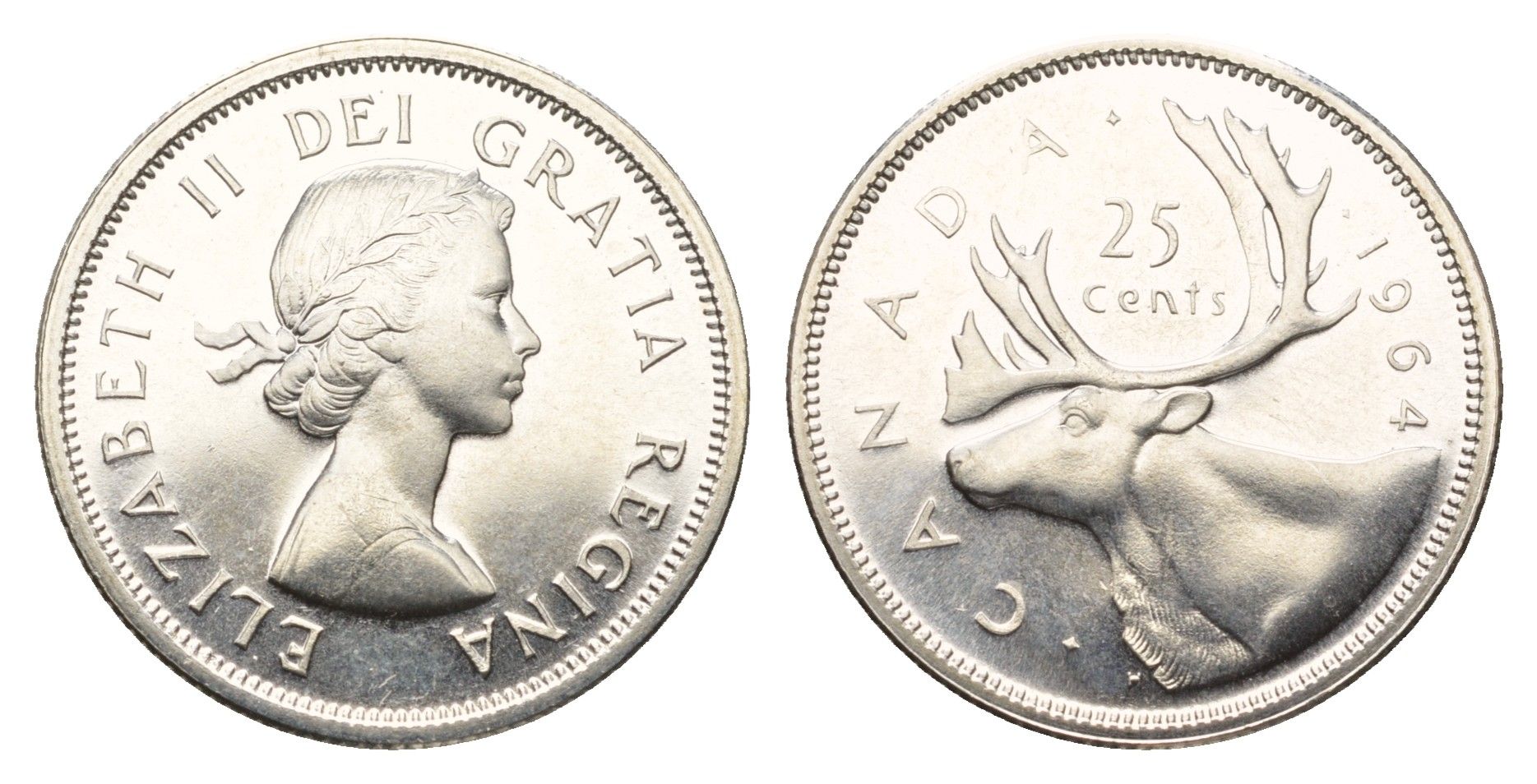 Канада 25 центов 1964 Елизавета II (1952-2022), олень KM 52 серебро BU 413-4044