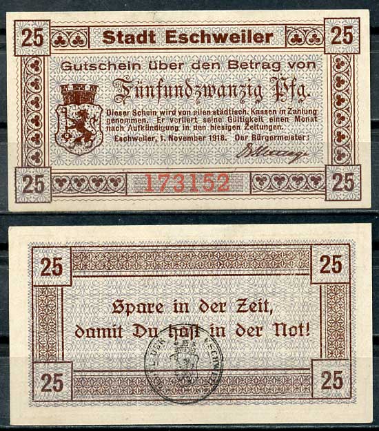 Германия, Эшвайлер 25 пфеннигов 1918 нотгельд, 1.11.1918 бумага UNC (пресс) 8614-46-2-1