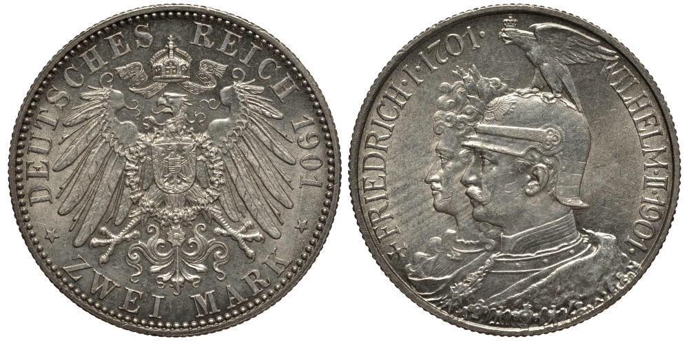 Пруссия 2 марки 1901 A, 200 лет Прусской королевской династии (Фридрих I - Вильгельм II) J.105, Weege 105, KM 525 серебро 3711-1132