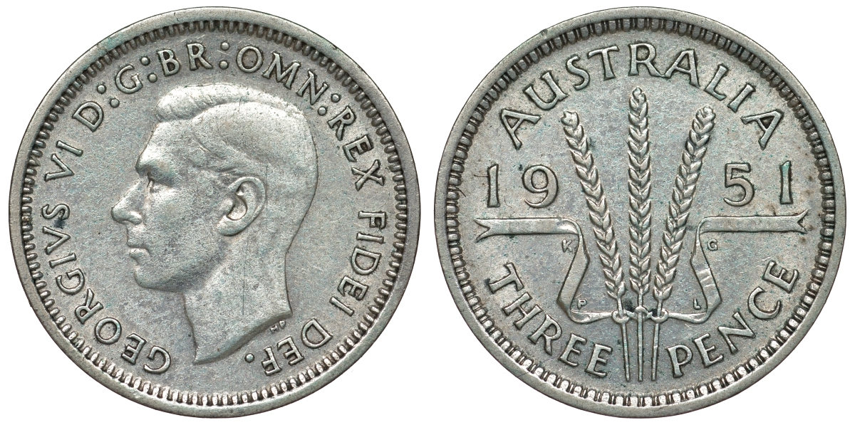 Австралия 3 пенса 1951 m, Георг VI (1937-1952), без букв KM 44 серебро 71-315