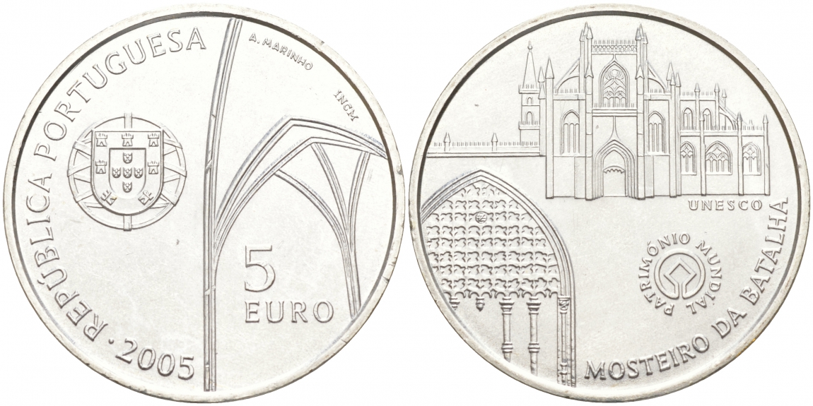 ПОРТУГАЛИЯ 5 ЕВРО 2005 ЮНЕСКО, МОНАСТЫРЬ БАТАЛЬЯ KM 769 серебро UNC 1521-1121