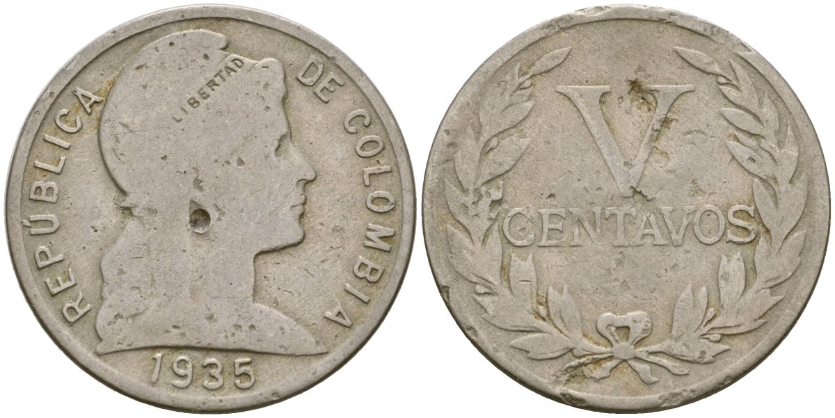 Колумбия 5 сентаво 1935 KM 199 медно-никель 53-1117