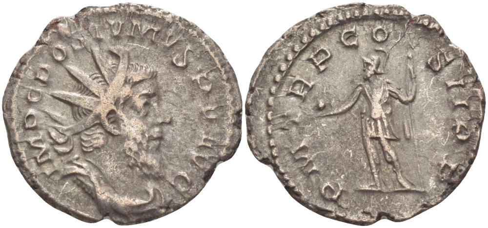Римская Империя (императоры в Галлии) антониниан 261 Постум. IMP C POSTVMVS P F AVG / P M TR P COS II P P, император в военном доспехе, держит копье и сферу, Августа Треверов, Good Very fine RIC 54 биллон 1073-12-45