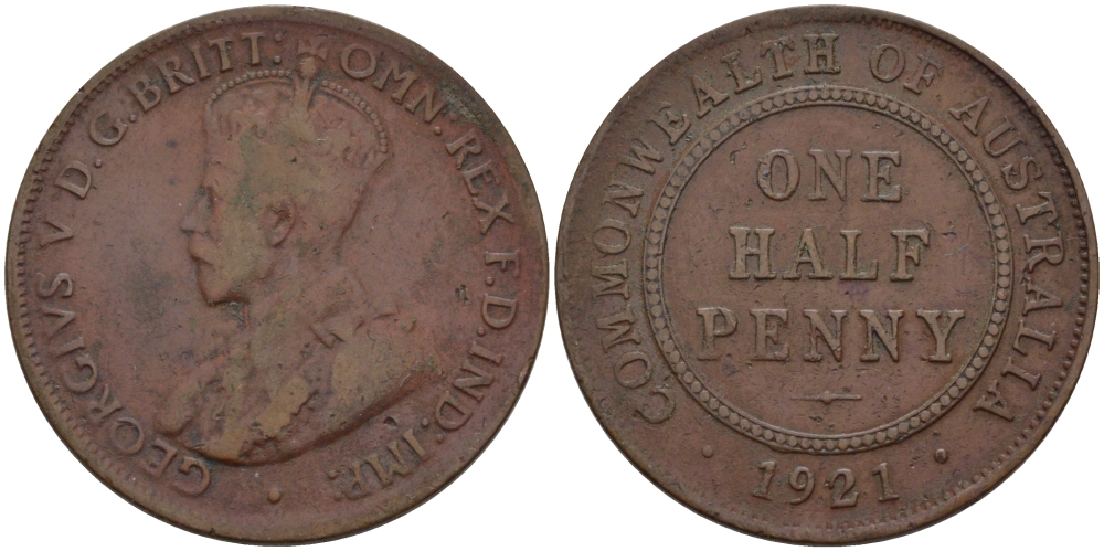АВСТРАЛИЯ 1/2 ПЕННИ 1921 ГЕОРГ V KM 22 бронза 67-1216