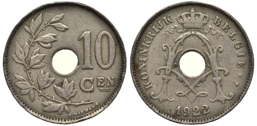 БЕЛЬГИЯ 10 САНТИМОВ 1922 BELGIE, АЛЬБЕРТ I (1909-1934) KM 86 медно-никель 27-857