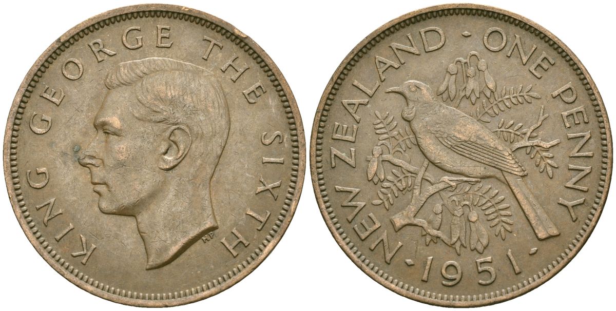Новая Зеландия 1 пенни 1951 Георг VI (1936-1952), новозеландский туи KM 21 бронза 4536-841