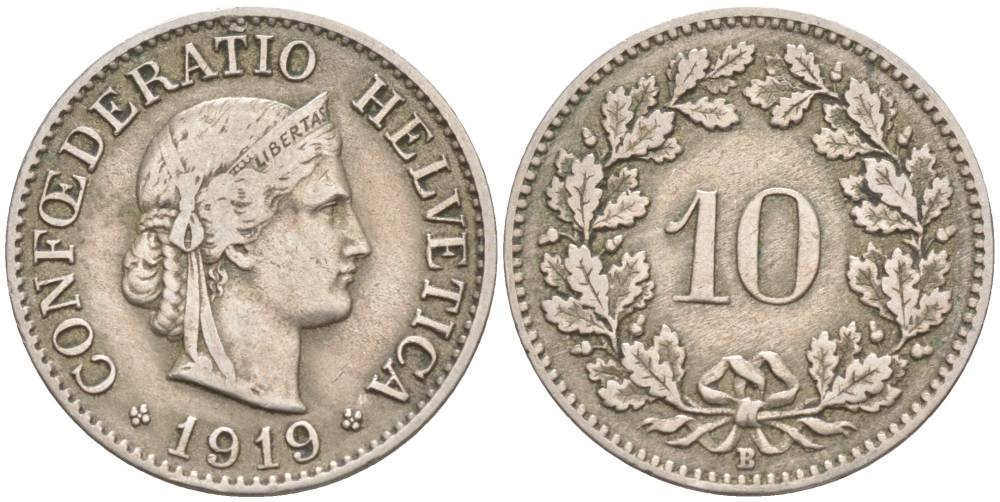 ШВЕЙЦАРИЯ 10 РАППЕНОВ 1919 В KM 27 медно-никель 66-643