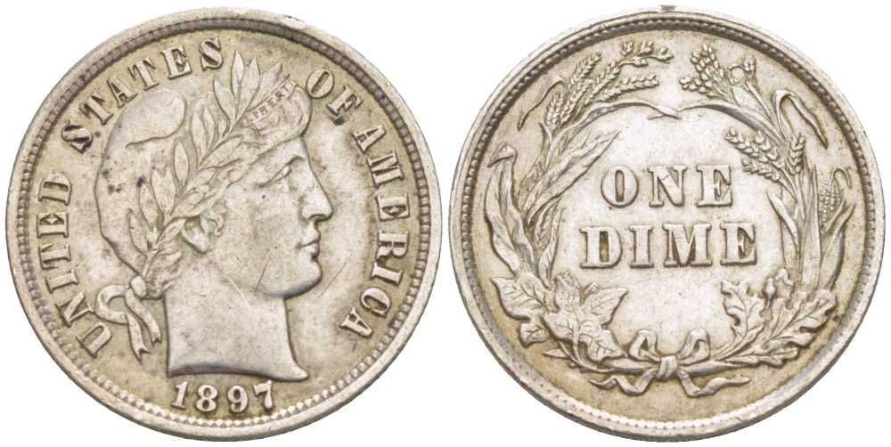 США 10 центов (дайм) 1897 тип Барбер (Barber) KM 113 серебро 00-820-46