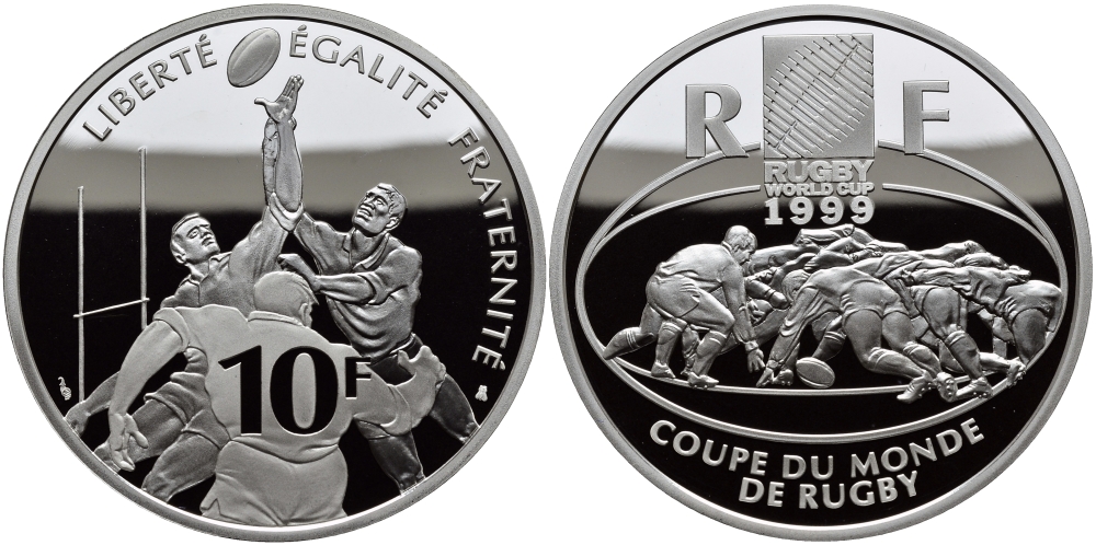 Франция 10 франков 1999 Чемпионат мира по регби KM 1294 серебро PROOF 1068-10-51