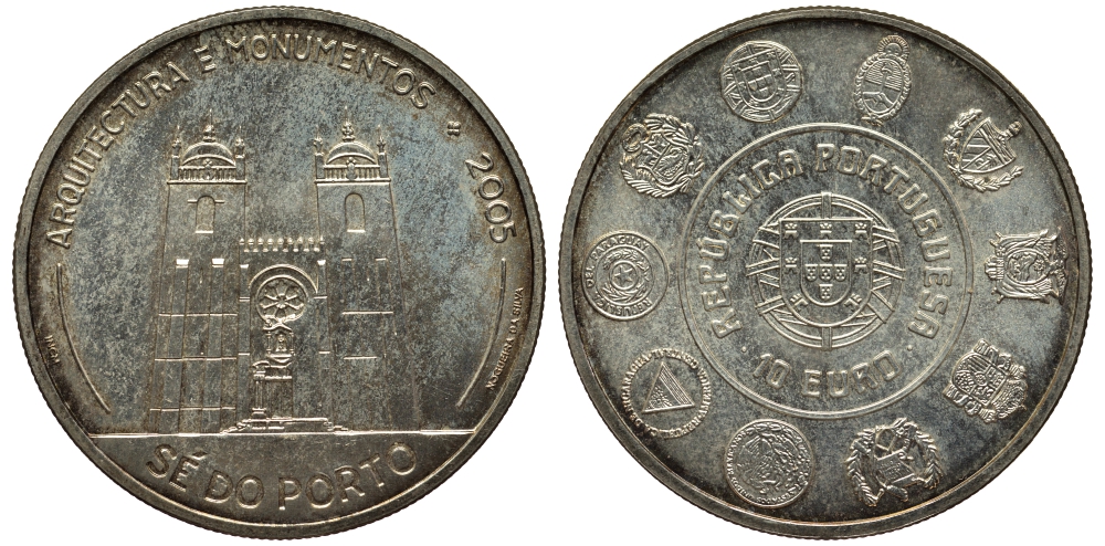 ПОРТУГАЛИЯ 10 ЕВРО 2005 МОНУМЕНТЫ, СОБОР KM 768 серебро UNC 1529-1011