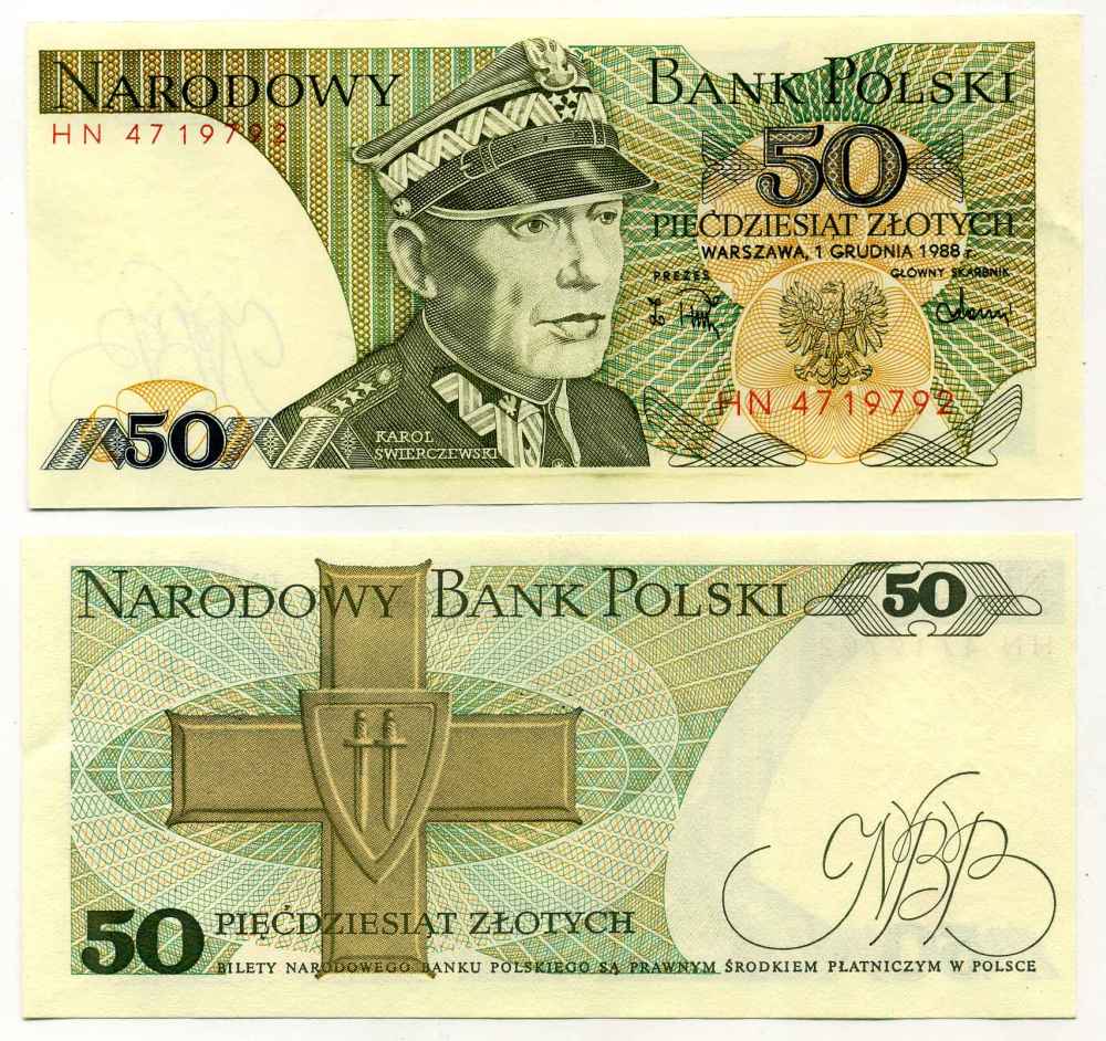 Польша 50 злотых 1988 Кароль Сверчевский, знак Грюнвальдского ордена Pick 142 c бумага UNC (пресс) 8588-9-1-2