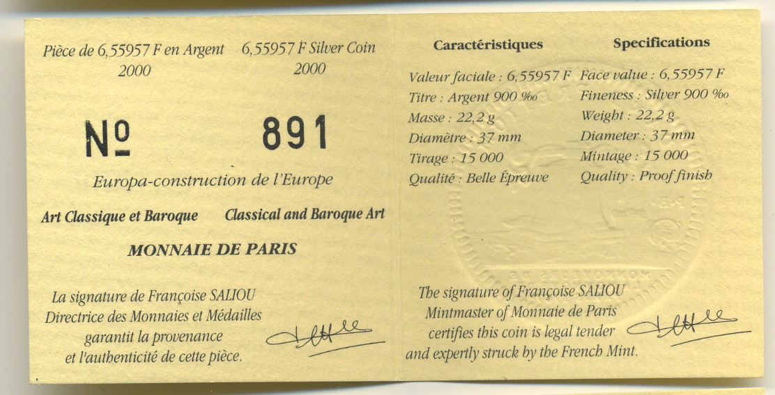Франция 1 евро = 6,55957 франков 2000 классицизм и барокко в архитектуре (XVII- XVIII веков) в оригинальной коробке, с сертификатом KM 1226 серебро PROOF 4-3-3-17