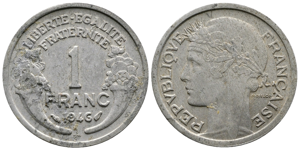 ФРАНЦИЯ 1 ФРАНК 1946 KM 885а.1 алюминий 83-1936