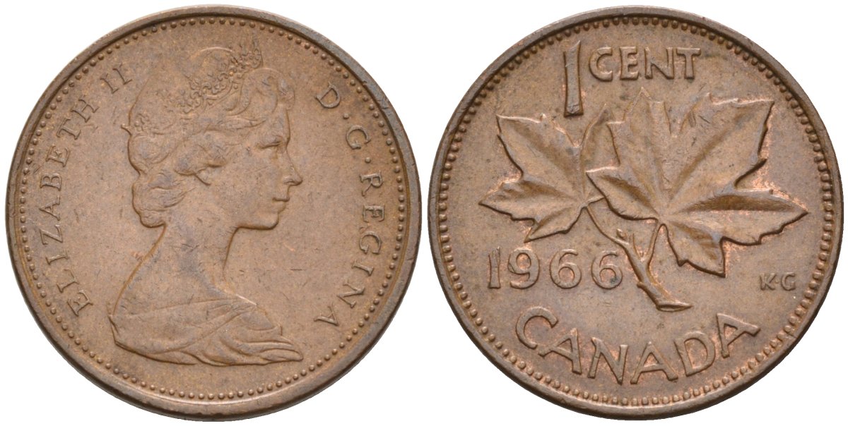 Канада 1 цент 1966 Елизавета II (1952-2022), кленовый лист KM 59.1 бронза 4580-352