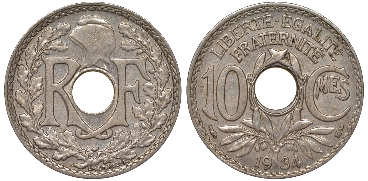 Франция 10 сантимов 1934 KM 866а медно-никель 4163-137