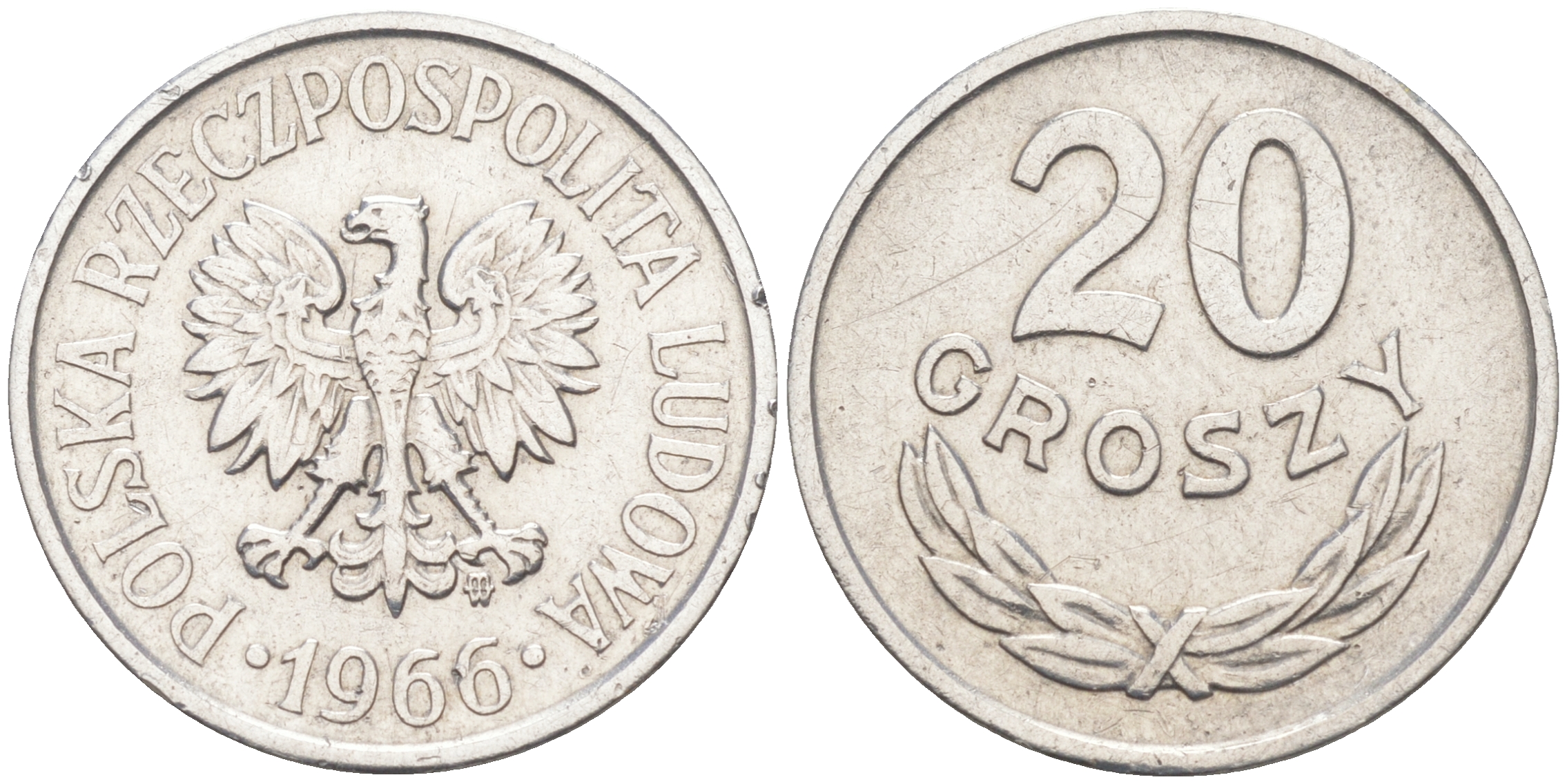 ПОЛЬША 20 ГРОШЕЙ 1966 MW KM A47 алюминий VF-XF 188-265