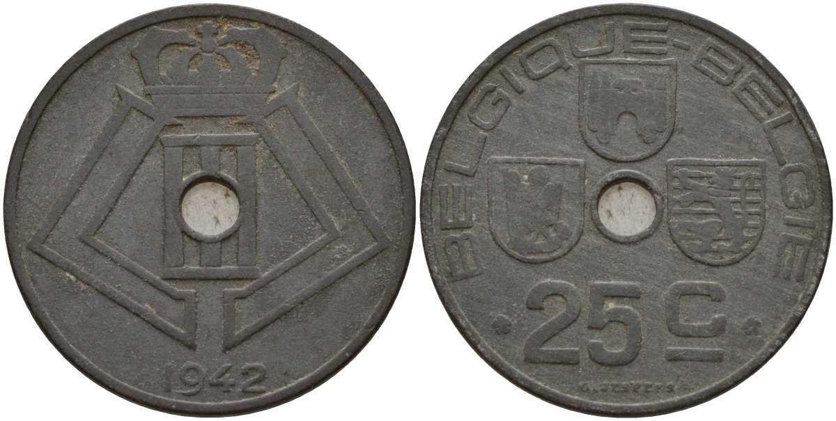 Бельгия 25 сантимов 1942 Belgique - Belgie, Леопольд III (1934-1947), германская оккупация, Вторая мировая война KM 131 цинк 4157-435